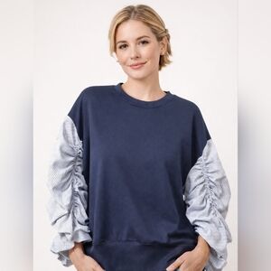 New Gracia Contrasting Puff Ruffle Poplin Sleeve Twofer Sweatshirt Top Pinstripe